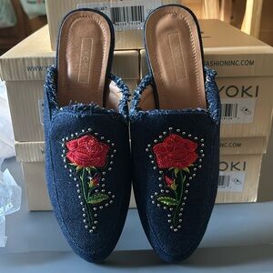 NEW Yoki Blue Mules with Red Rose Embroidery